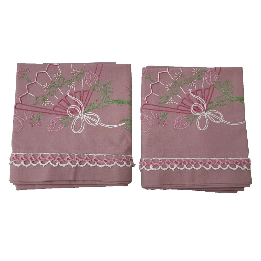 Set Of 2‎ Hand Embroidered Flower Fan Pink Pillowcases Hand Tatted Edging